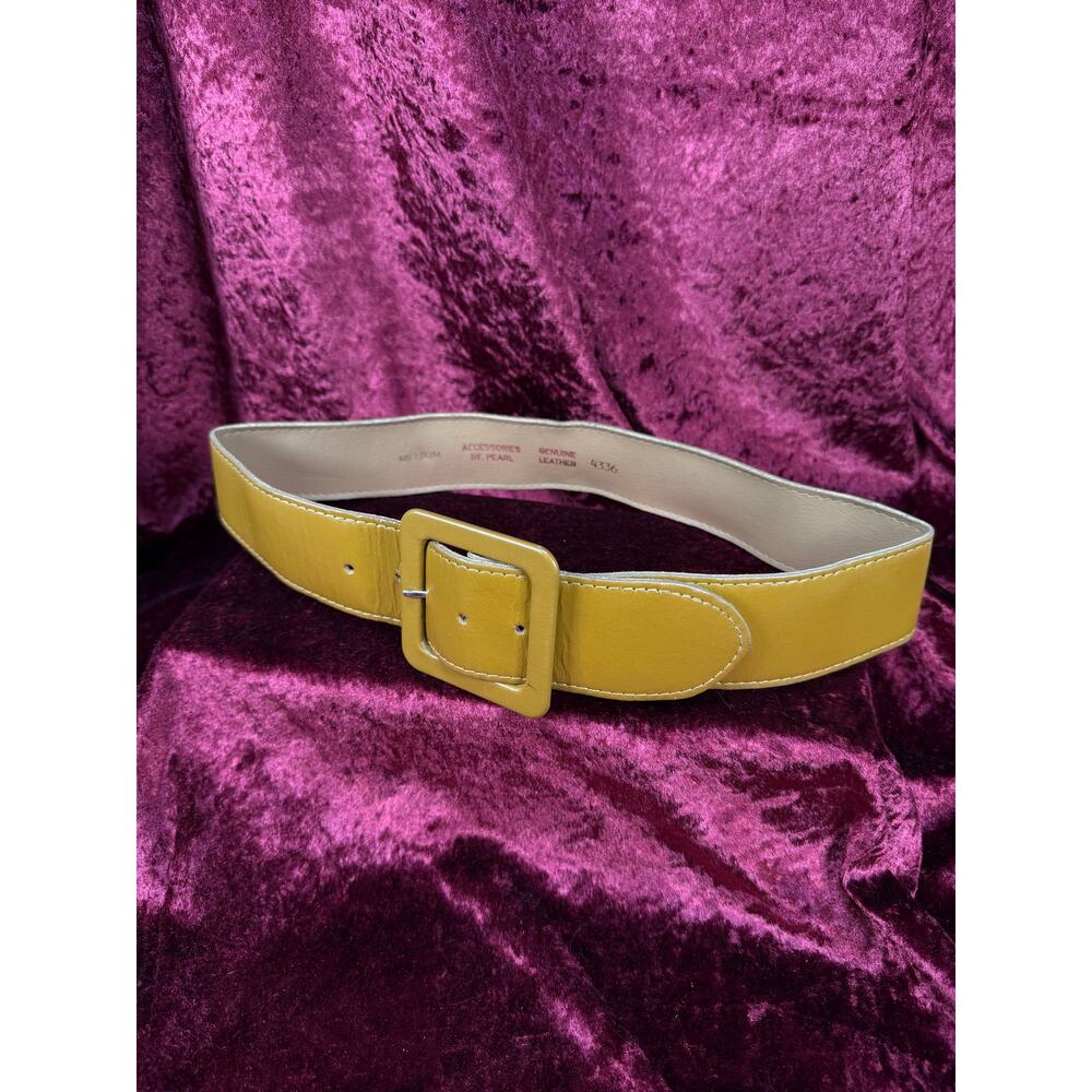 Vintage 1980s Leather Waist Belt Dark Mustard Yellow Accessories By Pearl Medium - Picture 3 of 5